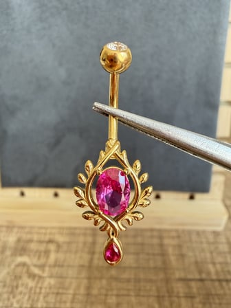 %100 316 L Cerrahi Çelik Çelenk Fuşya Zirkon Altın  10x1,6mm  Çelik Göbek Piercing