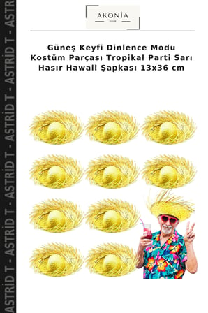 Güneş Keyfi Dinlence Modu Kostüm Parçası Tropikal Parti Sarı Hasır Hawaii Şapkası 13x36 cm