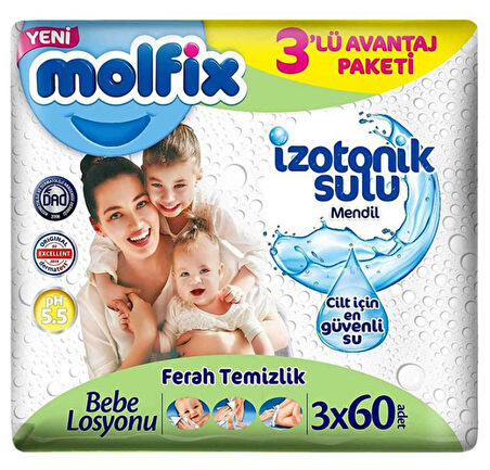 Molfix İzotonik Sulu Ferah Temizlik Islak Havlu Mendil 3'Lü 180 Yaprak