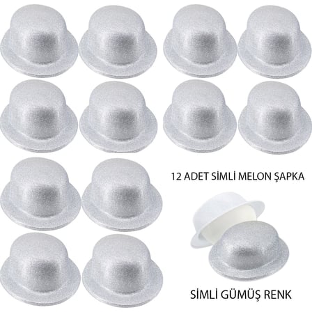Gümüş Renk Simli Melon Yuvarlak Parti Şapkası 12 Adet Kutlama Gereci Gösteri Ürünü Kostüm Parçası