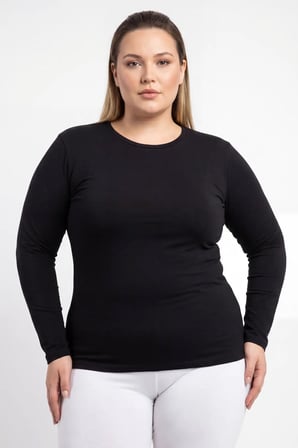 Premium Spor Üst Klasik Bluz Kadın Büyük Beden Bisiklet Yaka Uzun Kollu Body