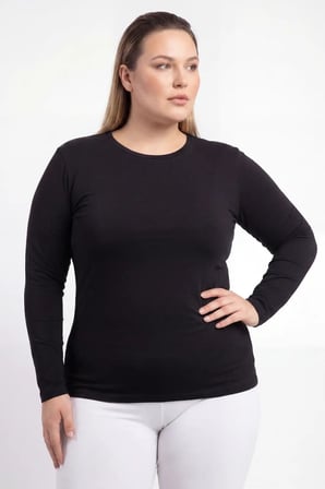 Premium Spor Üst Klasik Bluz Kadın Büyük Beden Bisiklet Yaka Uzun Kollu Body