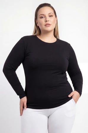 Premium Spor Üst Klasik Bluz Kadın Büyük Beden Bisiklet Yaka Uzun Kollu Body