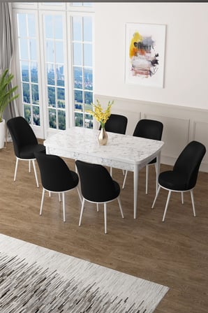 Zen Serisi 80x132 Mdf Açılabilir Beyaz Mermer Desen Masa Takımı Ve 6 Siyah Sandalye