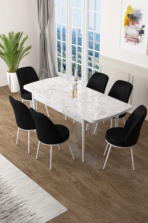 Zen Serisi 80x132 Mdf Açılabilir Beyaz Mermer Desen Masa Takımı Ve 6 Siyah Sandalye