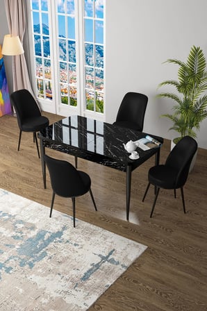 Zen Serisi 80x132 Mdf Açılabilir Siyah Mermer Desen Masa Takımı Ve 4 Siyah Sandalye