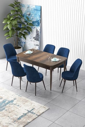 Zen Serisi 80x132 Mdf Açılabilir Barok Ahşap Desen Masa Takımı Ve 6 Lacivert Sandalye