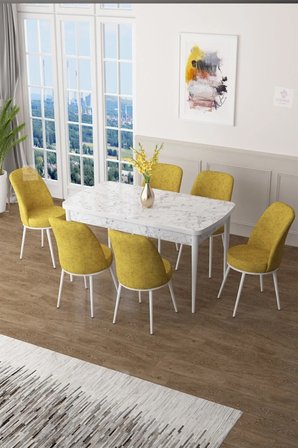 Zen Serisi 80x132 Mdf Açılabilir Beyaz Mermer Desen Masa Takımı Ve 6 Hardal Sandalye