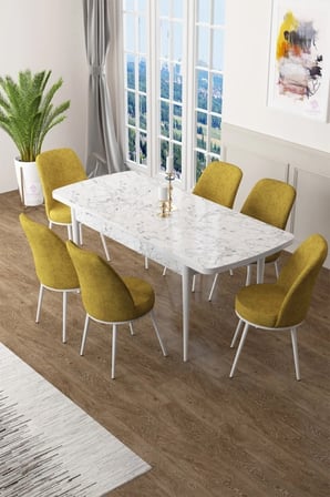 Zen Serisi 80x132 Mdf Açılabilir Beyaz Mermer Desen Masa Takımı Ve 6 Hardal Sandalye