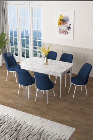 Zen Serisi 80x132 Mdf Açılabilir Beyaz Mermer Desen Masa Takımı Ve 6 Lacivert Sandalye