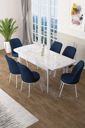 Zen Serisi 80x132 Mdf Açılabilir Beyaz Mermer Desen Masa Takımı Ve 6 Lacivert Sandalye