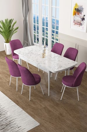 Zen Serisi 80x132 Mdf Açılabilir Beyaz Mermer Desen Masa Takımı Ve 6 Mor Sandalye