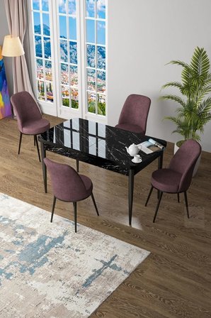 Zen Serisi 80x132 Mdf Açılabilir Siyah Mermer Desen Masa Takımı Ve 4 Gül Kurusu Sandalye