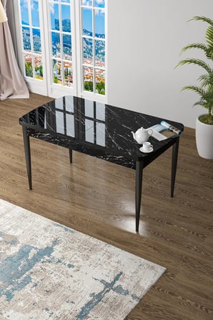 Zen Serisi 80x132 Mdf Açılabilir Siyah Mermer Desen Masa Takımı ve 4 Füme Sandalye