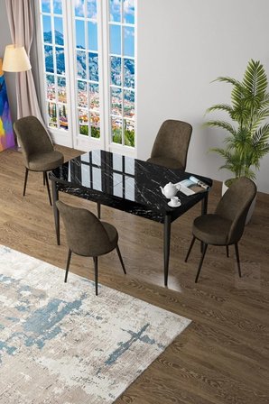 Zen Serisi 80x132 Mdf Açılabilir Siyah Mermer Desen Masa Takımı Ve 4 Kahverengi Sandalye