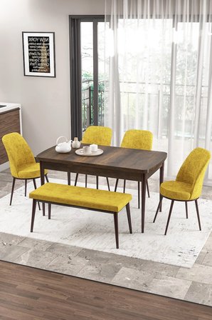 Zen Serisi 80x132 Mdf Açılabilir Barok Ahşap Desen Masa Takımı 4 Hardal Sandalye Ve 1 Bench