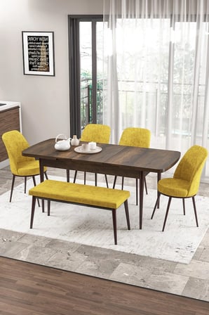 Zen Serisi 80x132 Mdf Açılabilir Barok Ahşap Desen Masa Takımı 4 Hardal Sandalye Ve 1 Bench