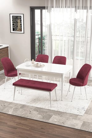 Zen Serisi 80x132 Mdf Açılabilir Beyaz Masa Takımı 4 Bordo Sandalye Ve 1 Bench