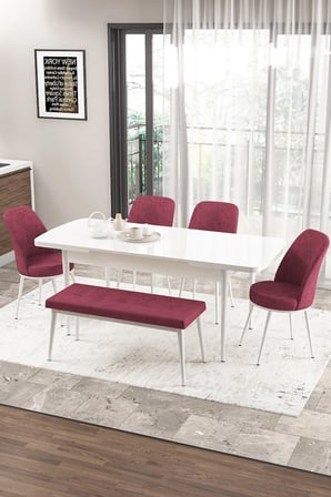 Zen Serisi 80x132 Mdf Açılabilir Beyaz Masa Takımı 4 Bordo Sandalye Ve 1 Bench