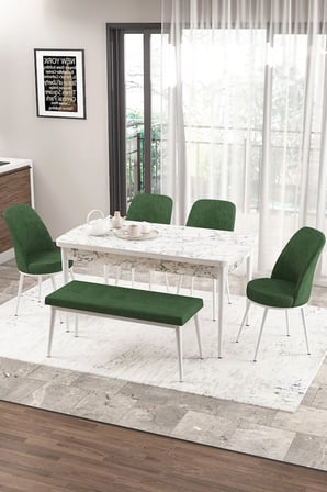 Zen Serisi 80x132 Mdf Açılabilir Beyaz Mermer Desen Masa Takımı 4 Haki Yeşil Sandalye Ve 1 Bench
