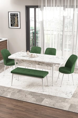 Zen Serisi 80x132 Mdf Açılabilir Beyaz Mermer Desen Masa Takımı 4 Haki Yeşil Sandalye Ve 1 Bench