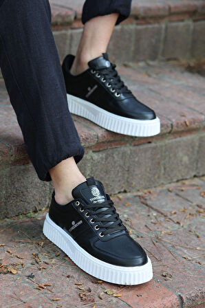 Zeno Siyah Beyaz Garantili Dikişli Kalın Taban Bağcıklı Erkek Ortopedik Günlük Sneaker Spor Ayakkabı