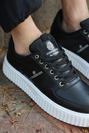 Zeno Siyah Beyaz Garantili Dikişli Kalın Taban Bağcıklı Erkek Ortopedik Günlük Sneaker Spor Ayakkabı