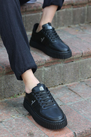 Zeno Siyah Siyah Garantili Dikişli Kalın Taban Bağcıklı Erkek Ortopedik Günlük Sneaker Spor Ayakkabı