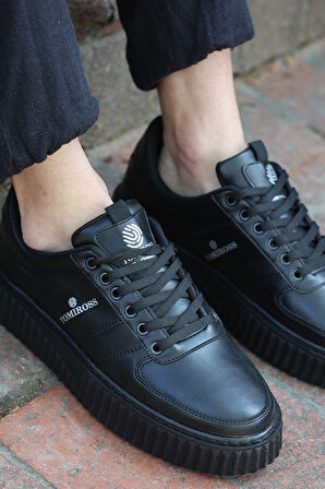 Zeno Siyah Siyah Garantili Dikişli Kalın Taban Bağcıklı Erkek Ortopedik Günlük Sneaker Spor Ayakkabı