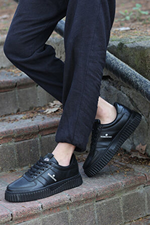 Zeno Siyah Siyah Garantili Dikişli Kalın Taban Bağcıklı Erkek Ortopedik Günlük Sneaker Spor Ayakkabı