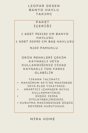 2 Parça &amp;#37;100 Pamuklu Banyo Havlu Seti Leopar Desen Bej