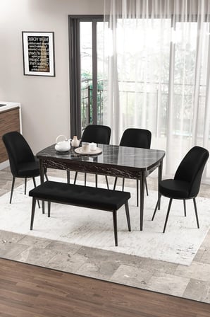 Zen Serisi 80x132 Mdf Açılabilir Siyah Mermer Desen Masa Takımı 4 Siyah Sandalye Ve 1 Bench