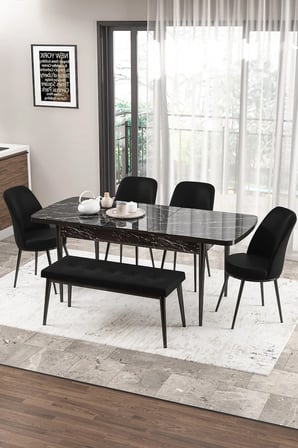 Zen Serisi 80x132 Mdf Açılabilir Siyah Mermer Desen Masa Takımı 4 Siyah Sandalye Ve 1 Bench