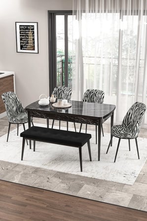 Zen Serisi 80x132 Mdf Açılabilir Siyah Mermer Desen Masa Takımı 4 Zebra Sandalye Ve 1 Siyah Bench