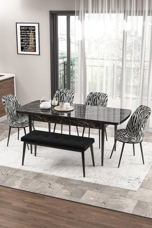 Zen Serisi 80x132 Mdf Açılabilir Siyah Mermer Desen Masa Takımı 4 Zebra Sandalye Ve 1 Siyah Bench