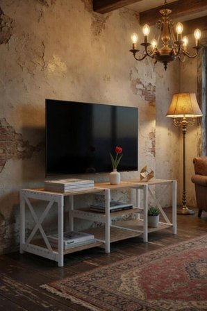 ZENNA RAFLI EKOLOJİK TV SEHPA BEYAZ MASİF AHŞAP