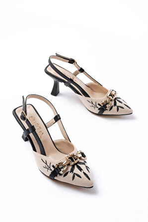 K-250 Siyah Keten Günlük Arkası Açık Tokalı Topuklu Kadın Ayakkabı