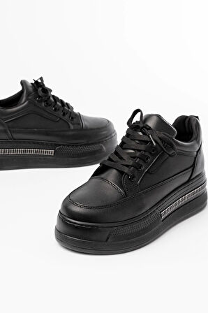 Fln-1999 Siyah Bağcıklı Taban Taş Aksesuarlı Günlük Spor Ayakkabı