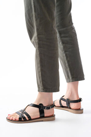 205-05 Siyah Ortopedik Hakiki Deri Kadın Sandalet