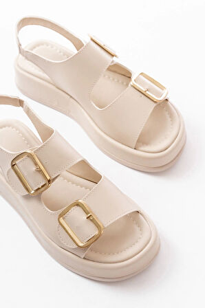 1187 Bej Dolgu Topuk Lastik Baretli  Kadın Sandalet