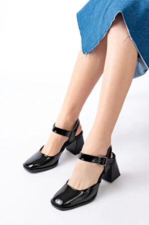 İnf-40450 Siyah Rugan Günlük Arkası Açık Topuklu Kadın Ayakkabı