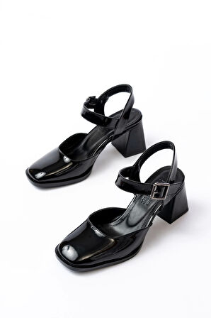 İnf-40450 Siyah Rugan Günlük Arkası Açık Topuklu Kadın Ayakkabı