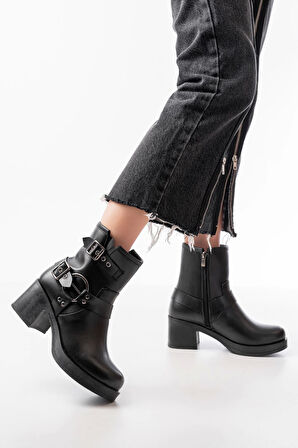 5109-3028 Siyah Toka Aksesuarlı Fermuarlı Topuklu Günlük Kadın Bot