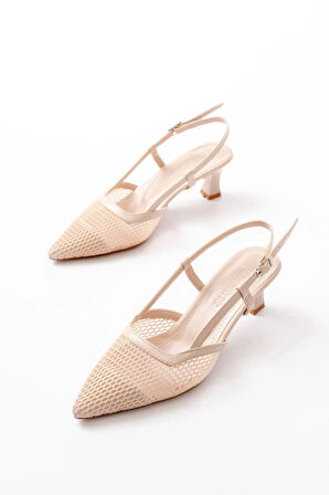 K-607 Bej Günlük Fileli Arkası Açık 7 Cm Topuklu Kadın Ayakkabı