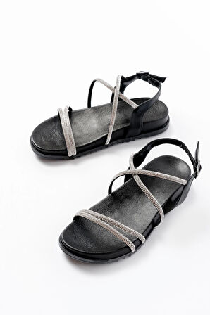 1001-1105 Siyah Gümüş Taşlı Günlük Kadın Sandalet