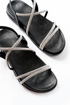 1001-1105 Siyah Gümüş Taşlı Günlük Kadın Sandalet