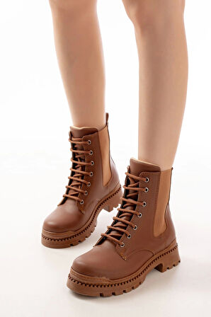 2051-298 Taba Düz Topuklu Bağcıklı Lastikli Günlük Kadın Bot