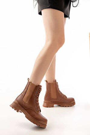 2051-298 Taba Düz Topuklu Bağcıklı Lastikli Günlük Kadın Bot