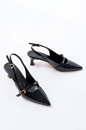 H-470 Siyah Rugan Baret Tokalı Arkası Açık Günlük Kadın Sandalet