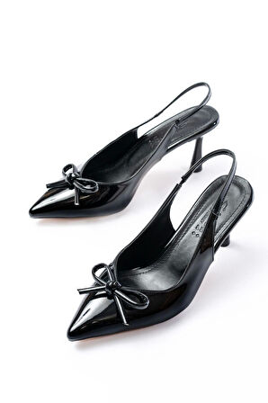 İnf-4500 Siyah Rugan Günlük Arkası Açık Fiyonklu Topuklu Kadın Ayakkabı